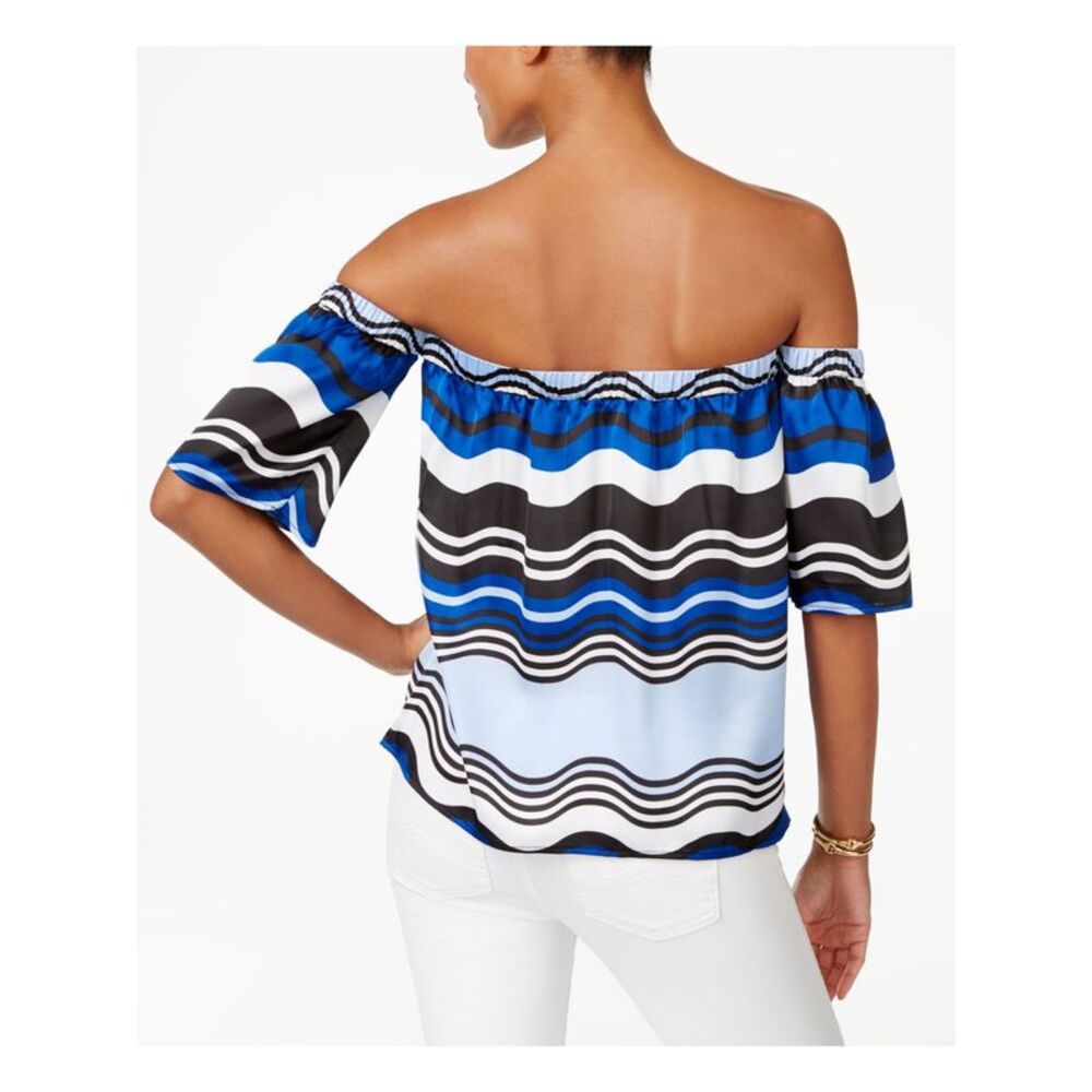 INC Womens Blue Striped Short Sleeve Off Shoulder Top Size: L - Picture 2 of 4